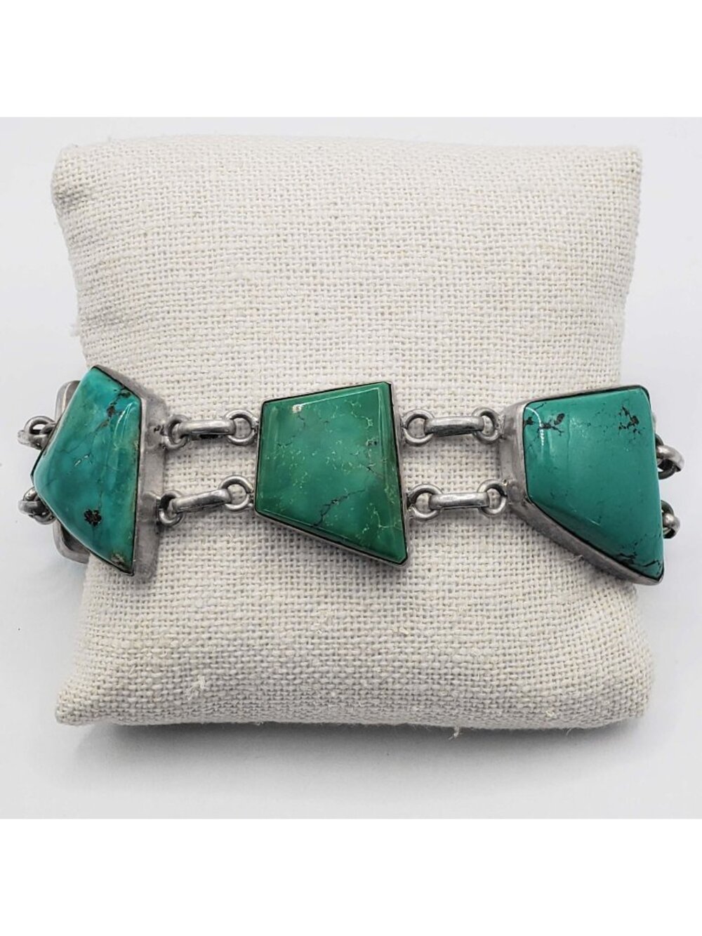 Freeform Natural Turquoise Chunk Cabochon Station Bracelet Sterling Silver